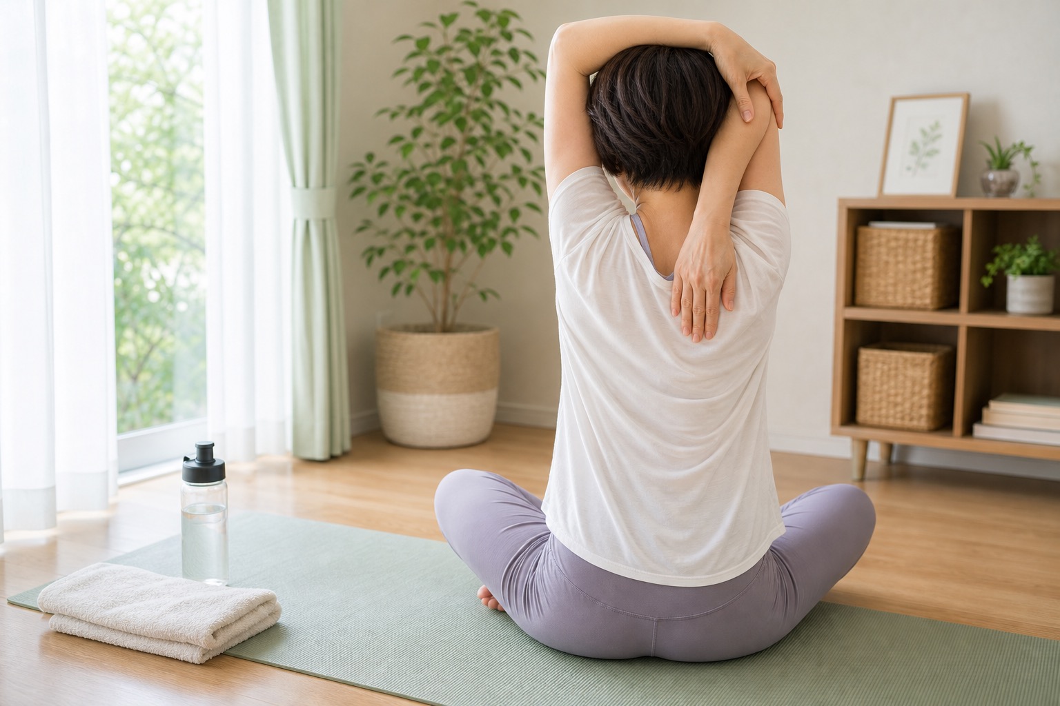 自宅でストレッチをする女性の後ろ姿