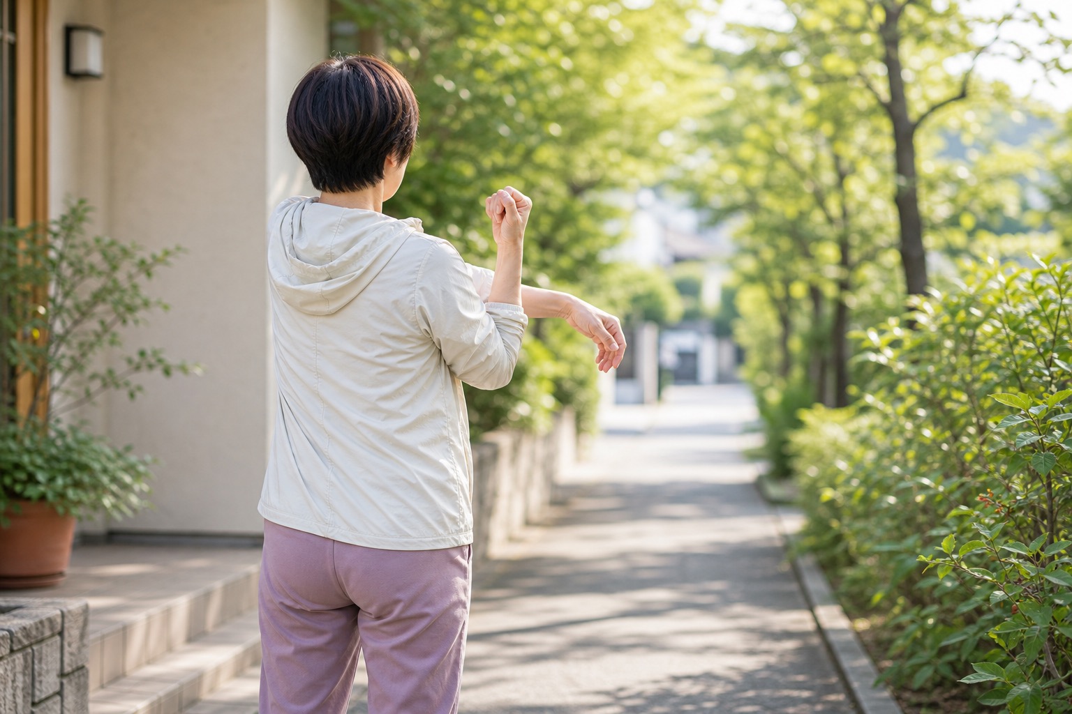 ウォーキング前にストレッチをする女性の後ろ姿