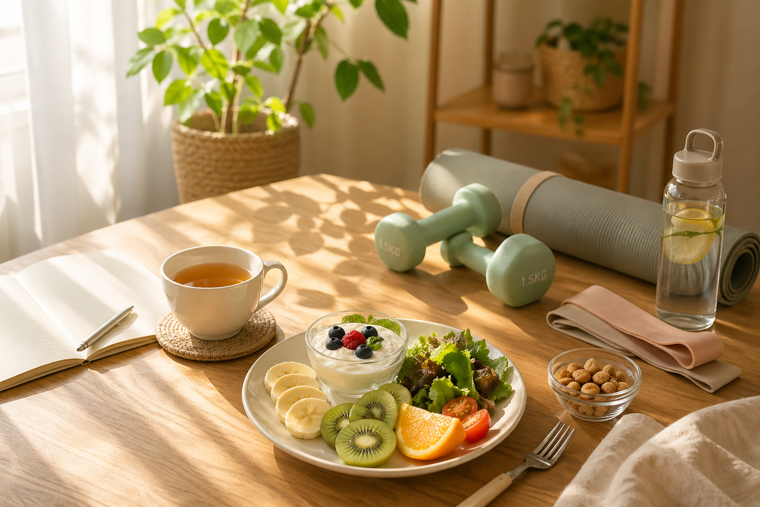 健康的な食事とトレーニング道具